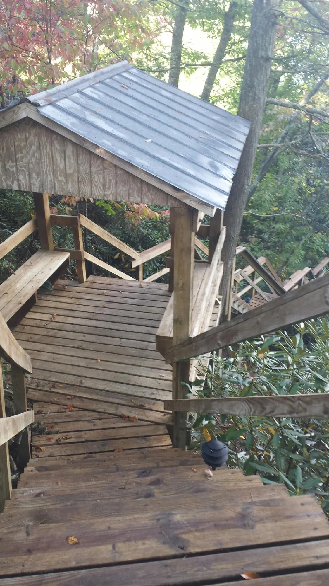 Metal roofed shelter over wooden steps on a wooded walkway — Skylight Repair & Installation work by our crew in Murfreesboro